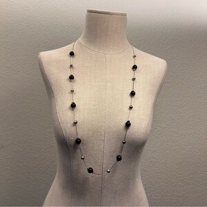 Silver and Black Bead Station Necklace on Silver Tone Chain